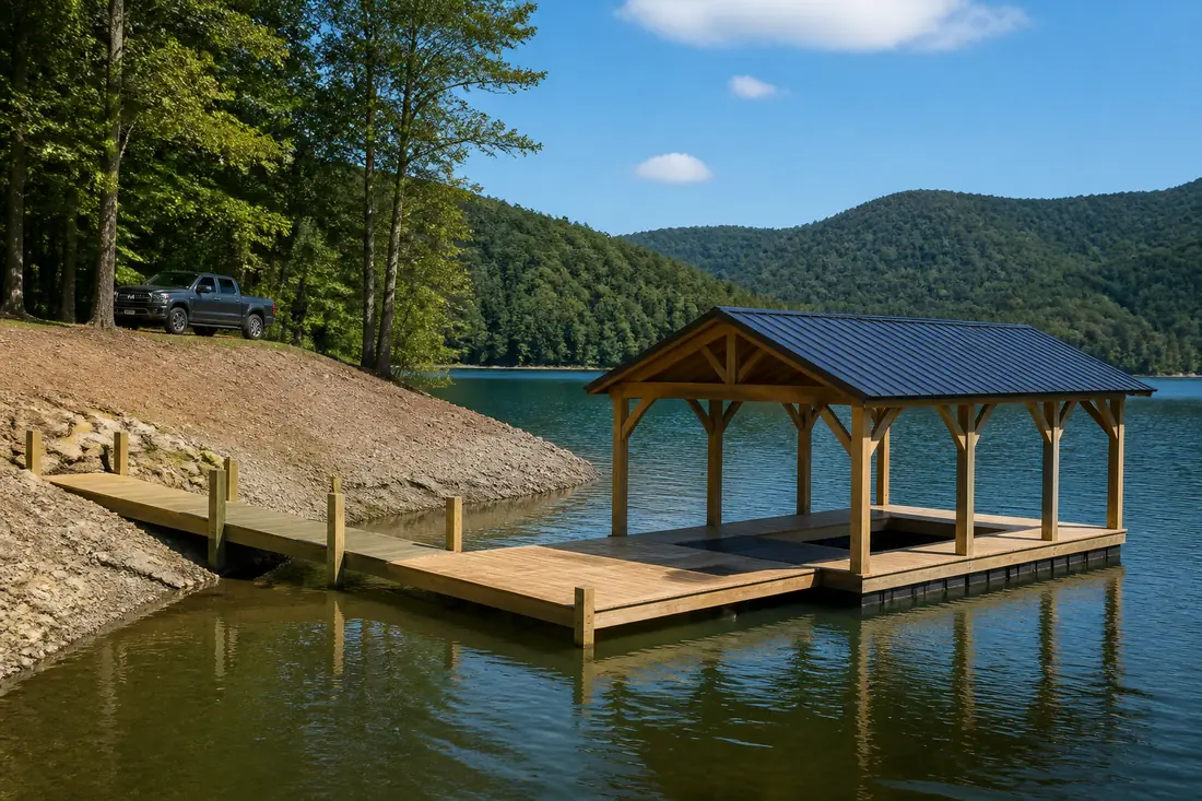 A completed boat dock on a lake near Knoxville, Tennessee