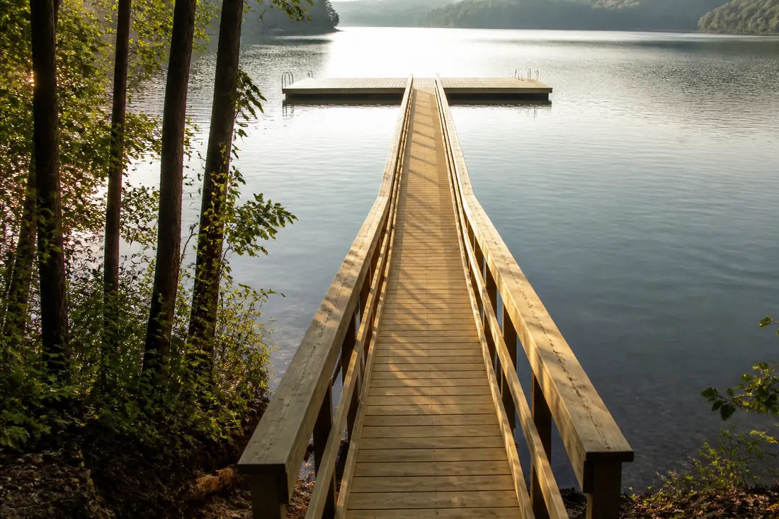 A narrow walkway running from the bank out to a dock over the water