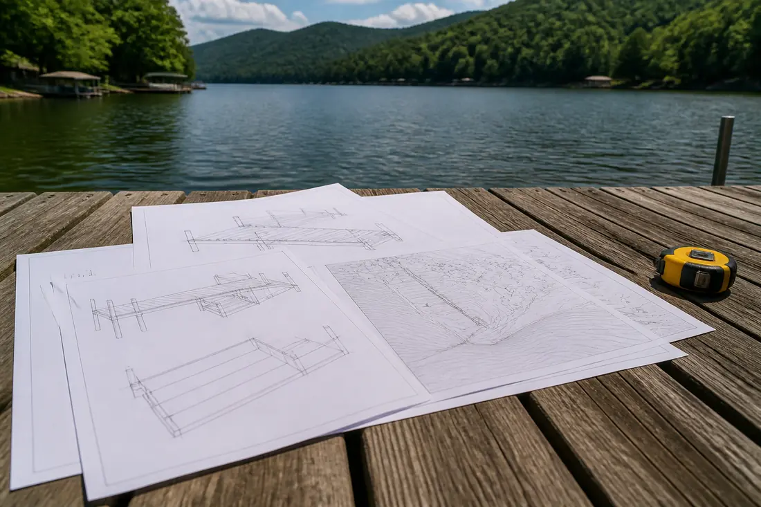 Dock construction drawings and a site plan weighted down on a dock deck