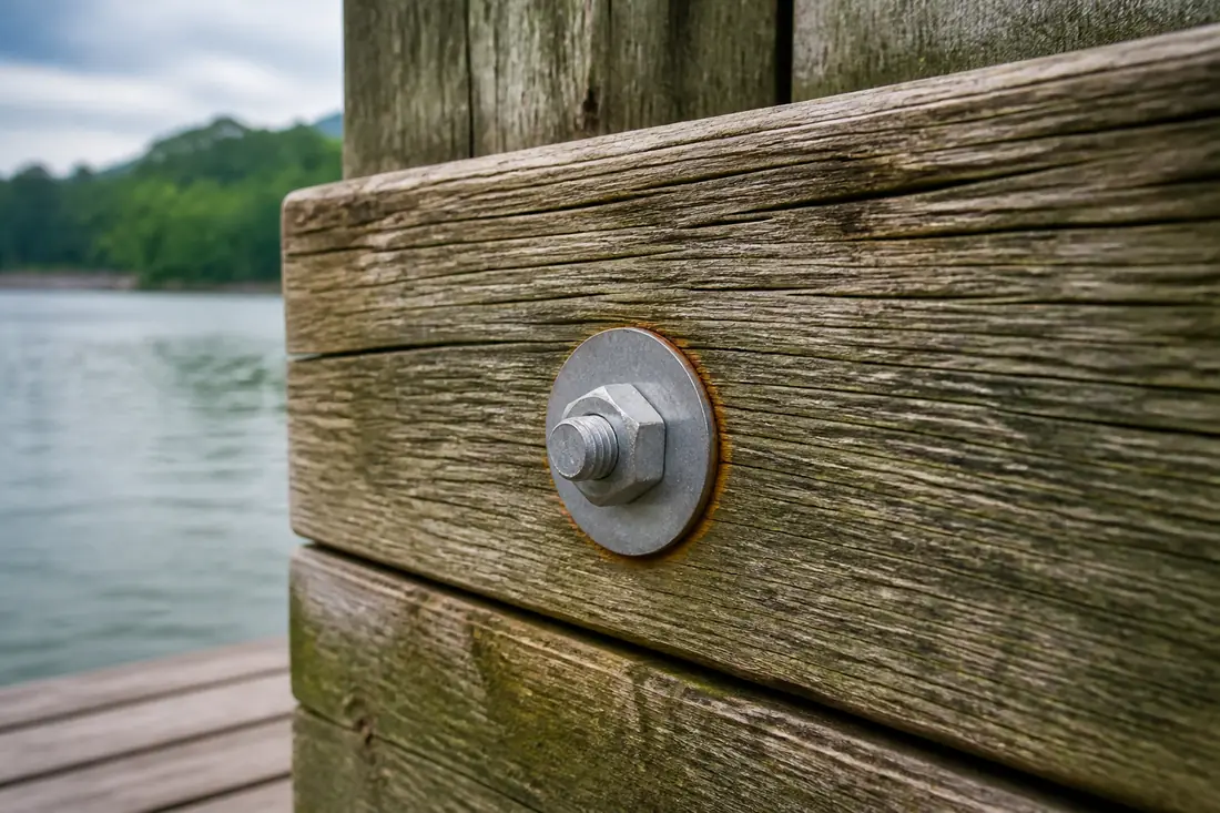 A galvanized through-bolt and washer in a dock frame member
